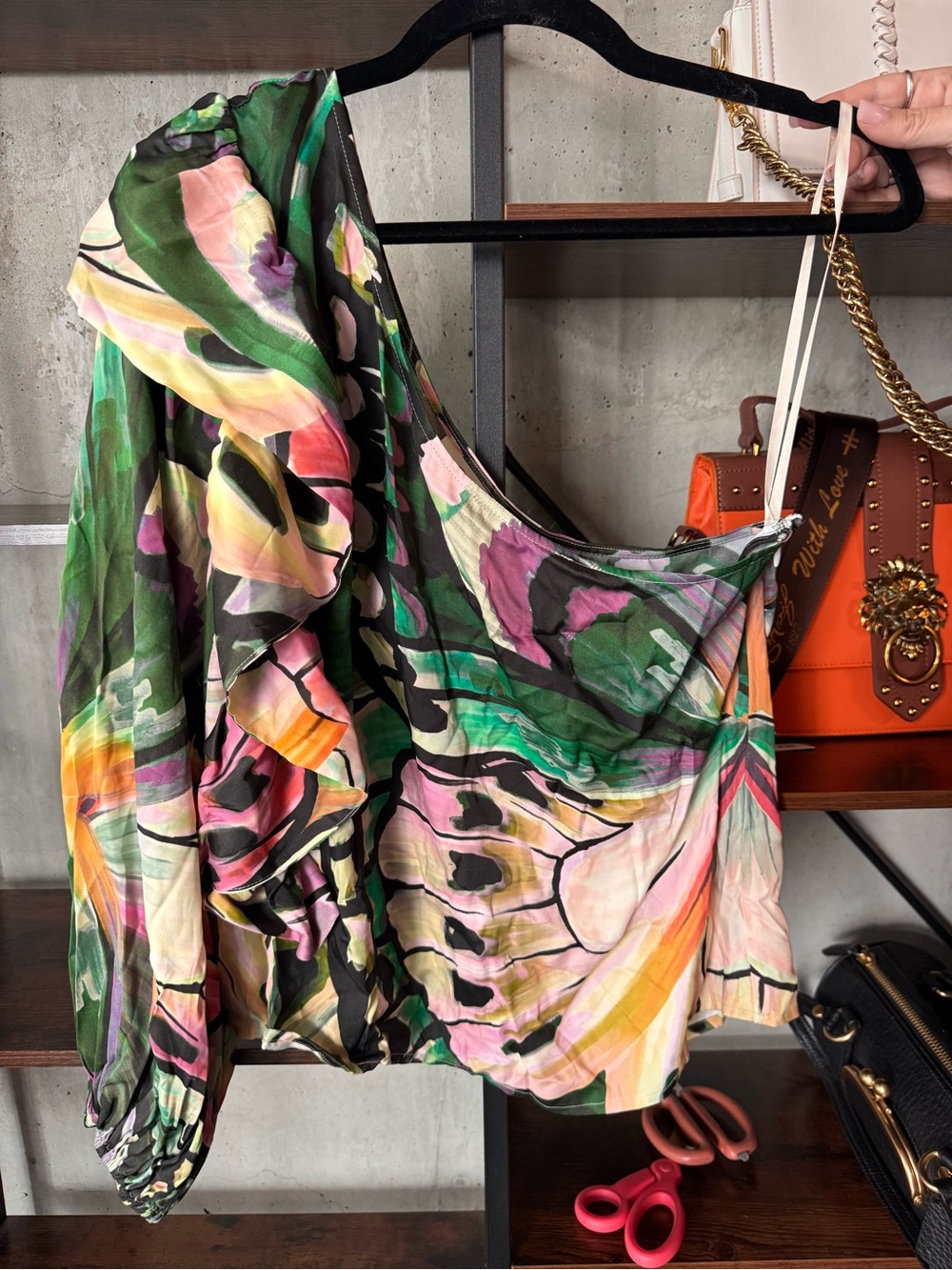 FARM Rio Green Butterfly Print Asymmetrical Ruffle Shirt